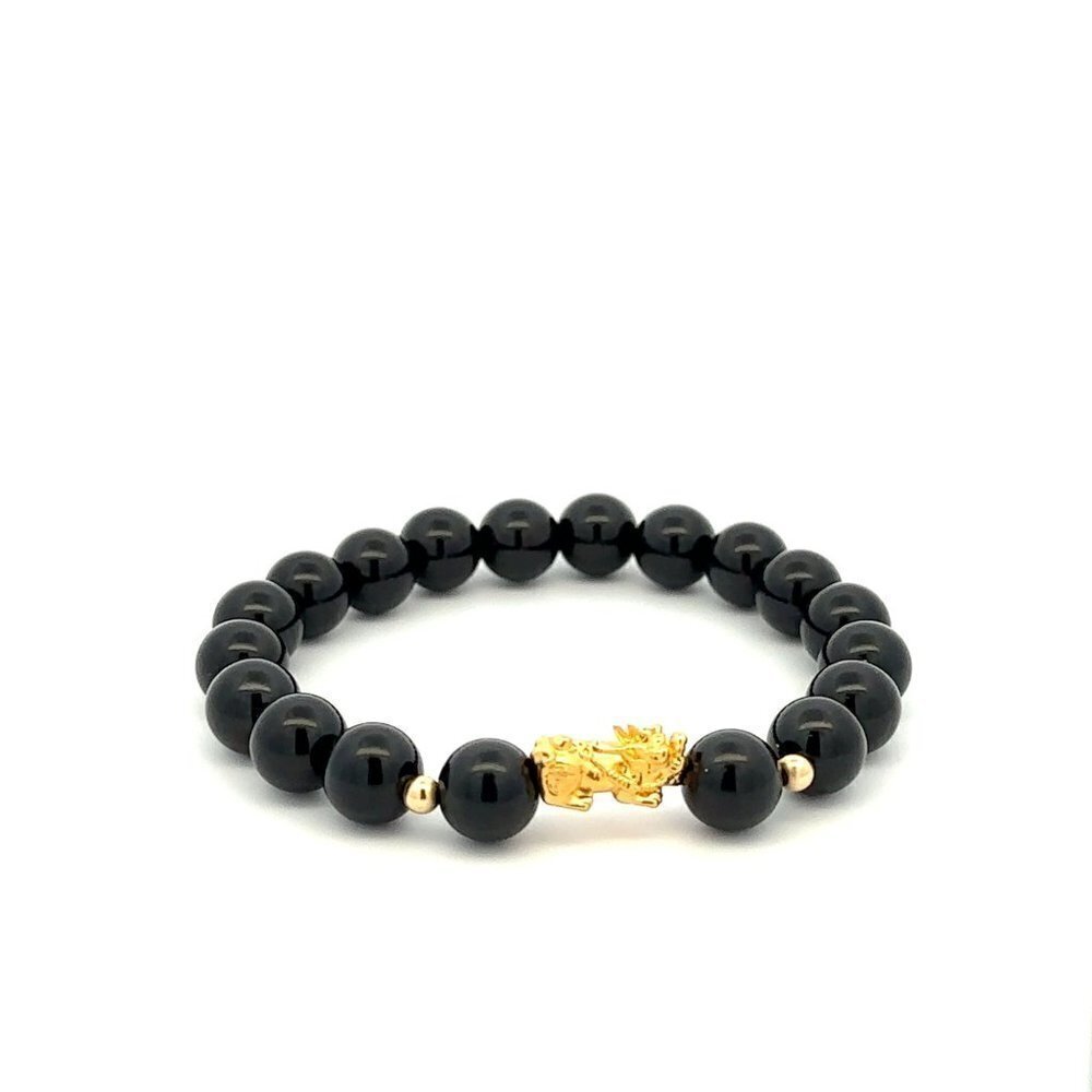 18K Gold Dragon Pixiu Piyao Lucky Charm Bead Bracelet Gemstone Black Onyx 8mm - Picture 6 of 9